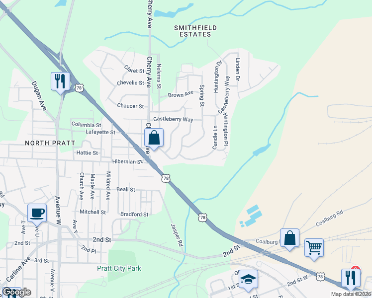 map of restaurants, bars, coffee shops, grocery stores, and more near 1705 Brookfield Lane in Birmingham
