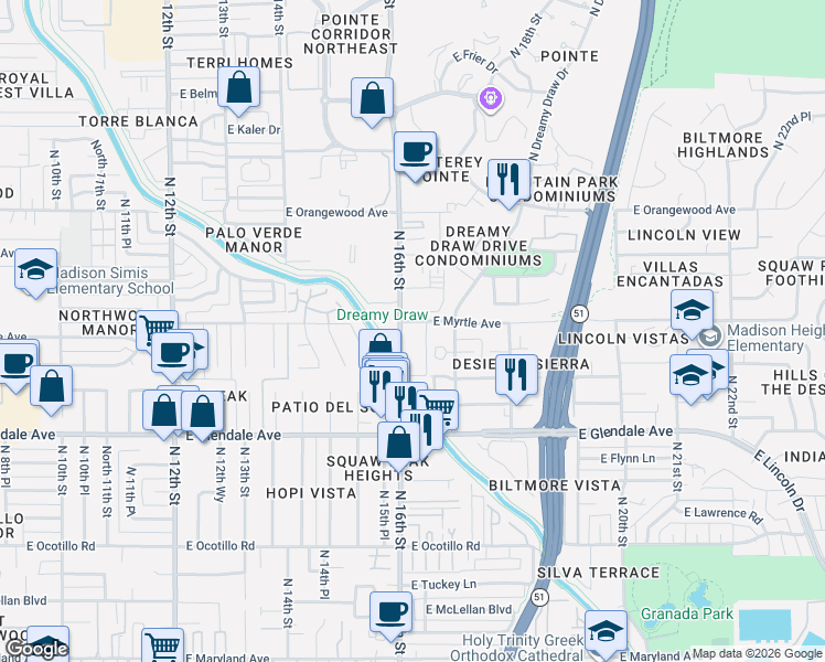 map of restaurants, bars, coffee shops, grocery stores, and more near 7141 North 16th Street in Phoenix