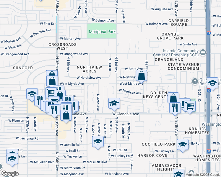 map of restaurants, bars, coffee shops, grocery stores, and more near 7144 North 31st Drive in Phoenix