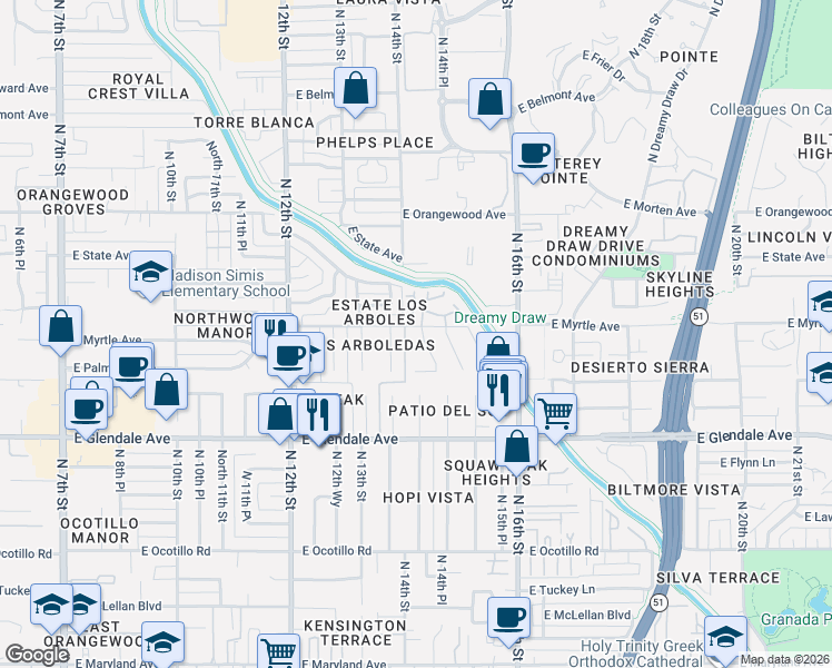 map of restaurants, bars, coffee shops, grocery stores, and more near 1349 East Myrtle Avenue in Phoenix