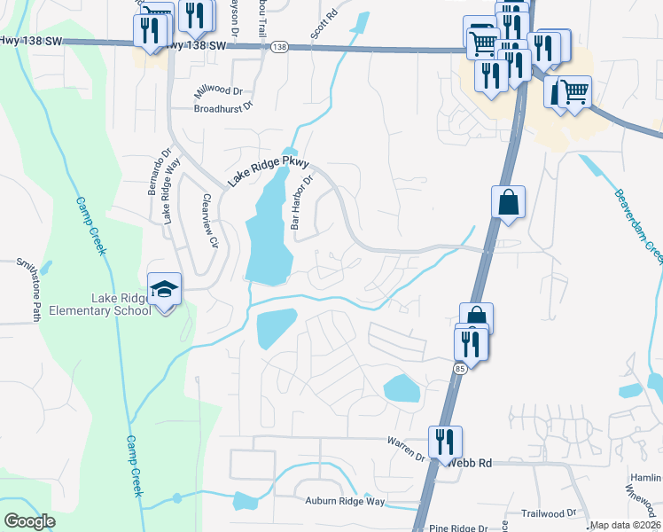 map of restaurants, bars, coffee shops, grocery stores, and more near 1506 Garden Lake Drive in Riverdale