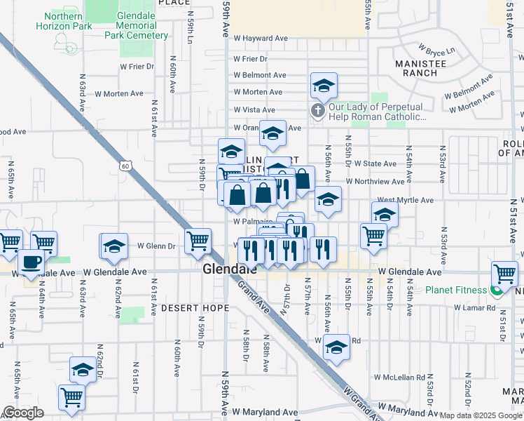 map of restaurants, bars, coffee shops, grocery stores, and more near 7146 North 58th Avenue in Glendale