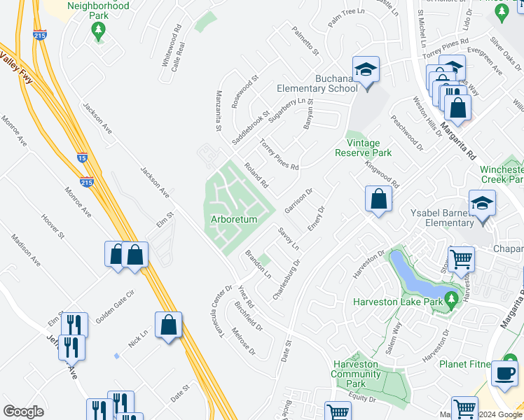 map of restaurants, bars, coffee shops, grocery stores, and more near 26466 Arboretum Way in Murrieta
