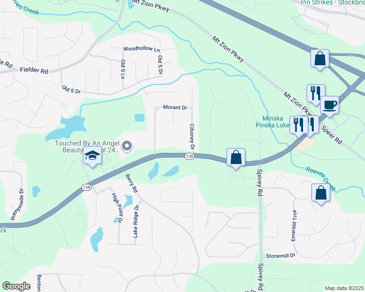map of restaurants, bars, coffee shops, grocery stores, and more near 2949 Lake Spivey Parkway in Jonesboro