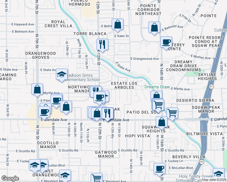 map of restaurants, bars, coffee shops, grocery stores, and more near 7141 North 12th Place in Phoenix