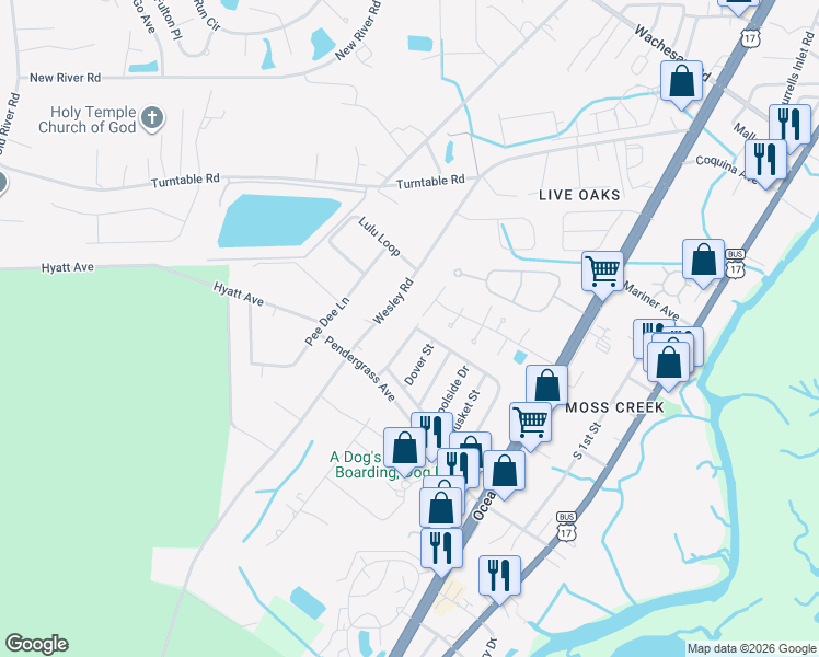 map of restaurants, bars, coffee shops, grocery stores, and more near 67 Crooked Island Circle in Murrells Inlet