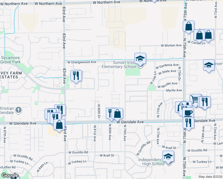 map of restaurants, bars, coffee shops, grocery stores, and more near 7238 North 79th Lane in Glendale