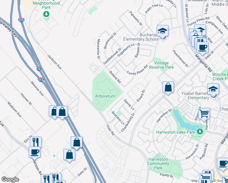 map of restaurants, bars, coffee shops, grocery stores, and more near 26444 Arboretum Way in Murrieta