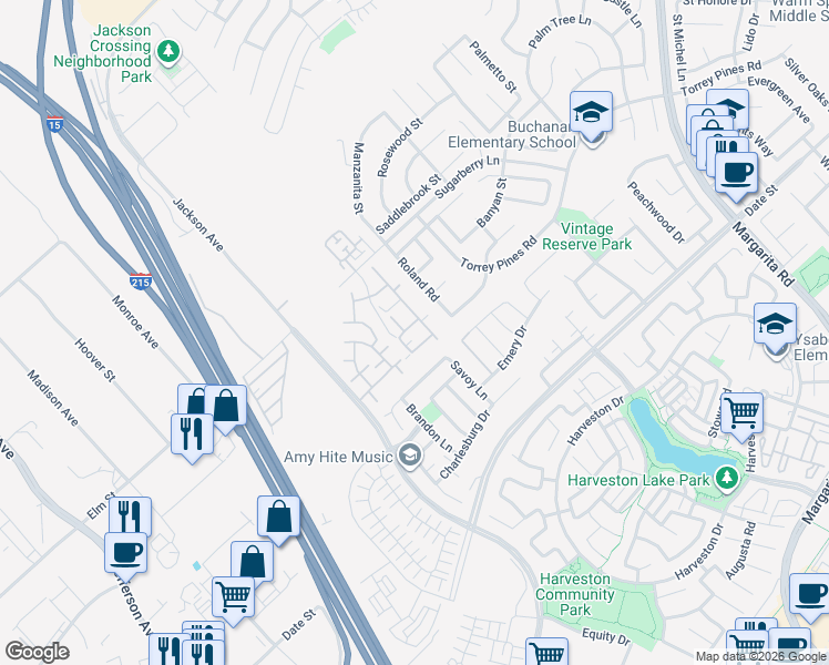 map of restaurants, bars, coffee shops, grocery stores, and more near 26444 Arboretum Way in Murrieta