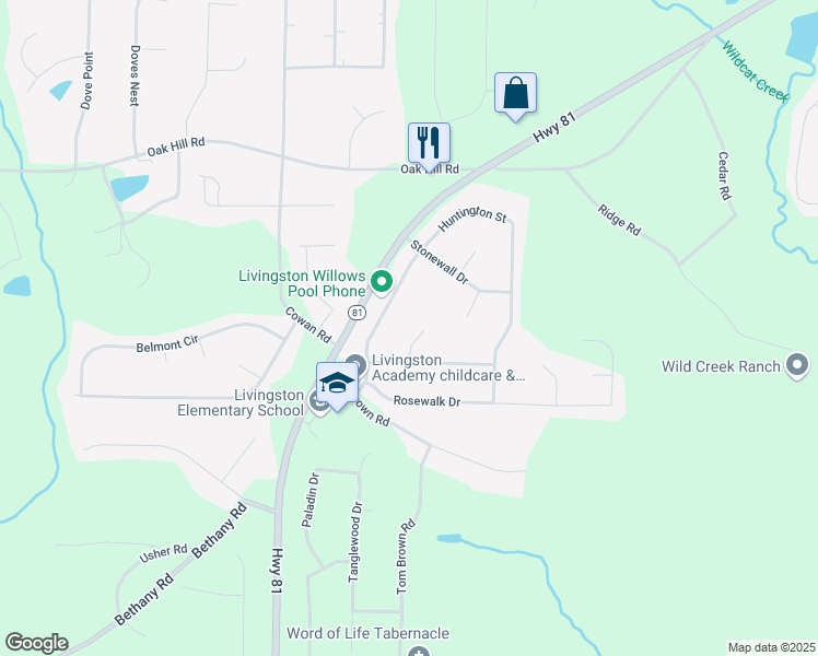 map of restaurants, bars, coffee shops, grocery stores, and more near 45 Alexander Court in Covington