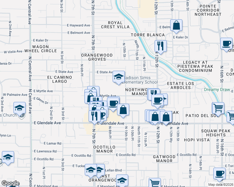map of restaurants, bars, coffee shops, grocery stores, and more near 828 East Myrtle Avenue in Phoenix