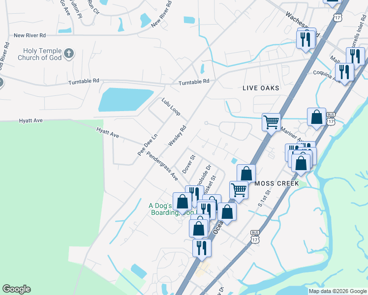 map of restaurants, bars, coffee shops, grocery stores, and more near 67 Crooked Island Circle in Murrells Inlet