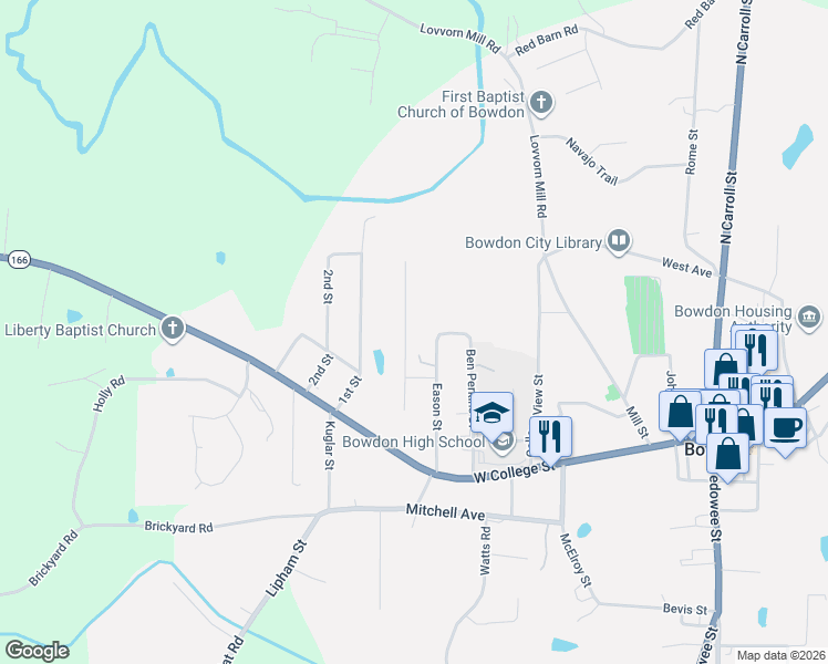 map of restaurants, bars, coffee shops, grocery stores, and more near 249 Eason Street in Bowdon