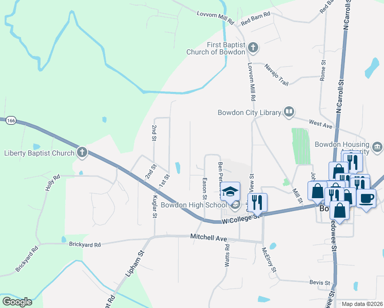 map of restaurants, bars, coffee shops, grocery stores, and more near 249 Eason Street in Bowdon