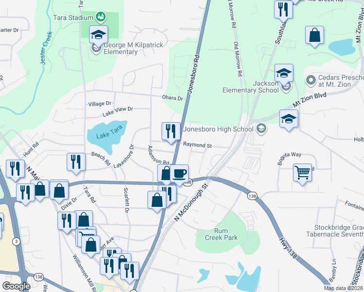 map of restaurants, bars, coffee shops, grocery stores, and more near 268 Jonesboro Road in Jonesboro