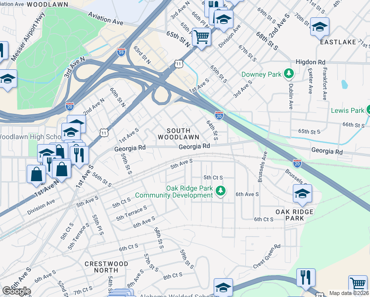 map of restaurants, bars, coffee shops, grocery stores, and more near 6119 Georgia Road in Birmingham
