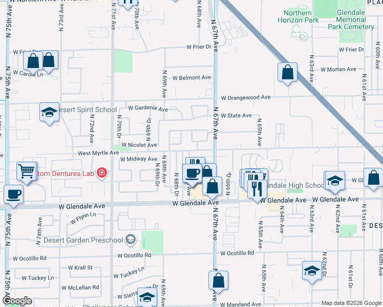 map of restaurants, bars, coffee shops, grocery stores, and more near 6731 West Myrtle Avenue in Glendale