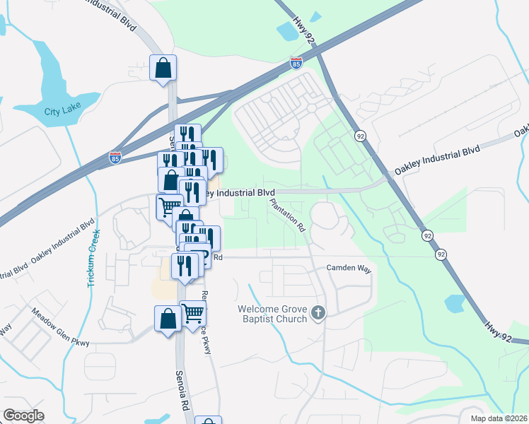 map of restaurants, bars, coffee shops, grocery stores, and more near 5555 Catherine Lane in Fairburn