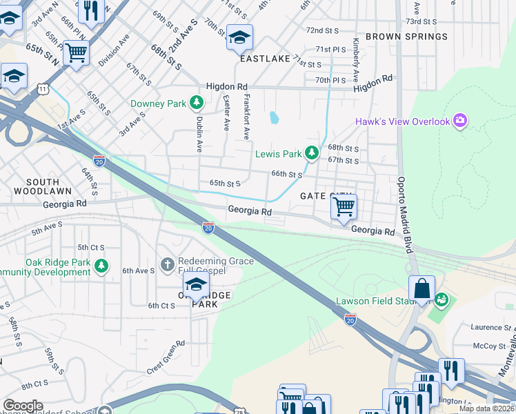 map of restaurants, bars, coffee shops, grocery stores, and more near 7200 Georgia Road in Birmingham