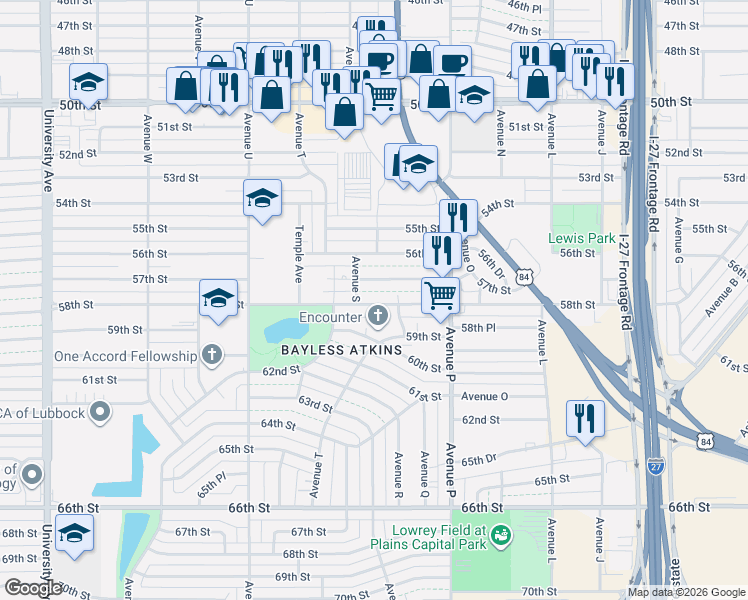 map of restaurants, bars, coffee shops, grocery stores, and more near 2005 58th Street in Lubbock