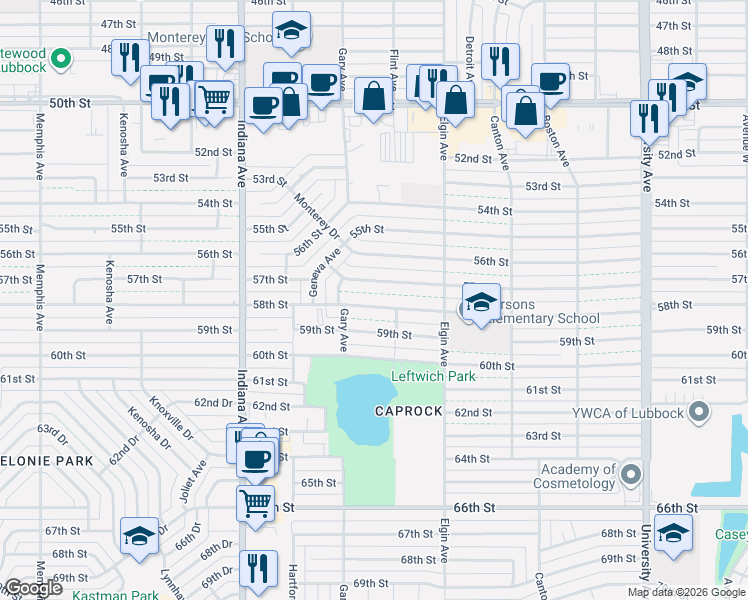 map of restaurants, bars, coffee shops, grocery stores, and more near 3104 58th Street in Lubbock