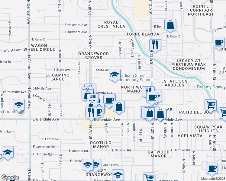 map of restaurants, bars, coffee shops, grocery stores, and more near 828 East Myrtle Avenue in Phoenix