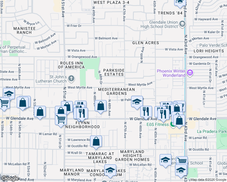 map of restaurants, bars, coffee shops, grocery stores, and more near 7149 North Vía Don Juan in Glendale