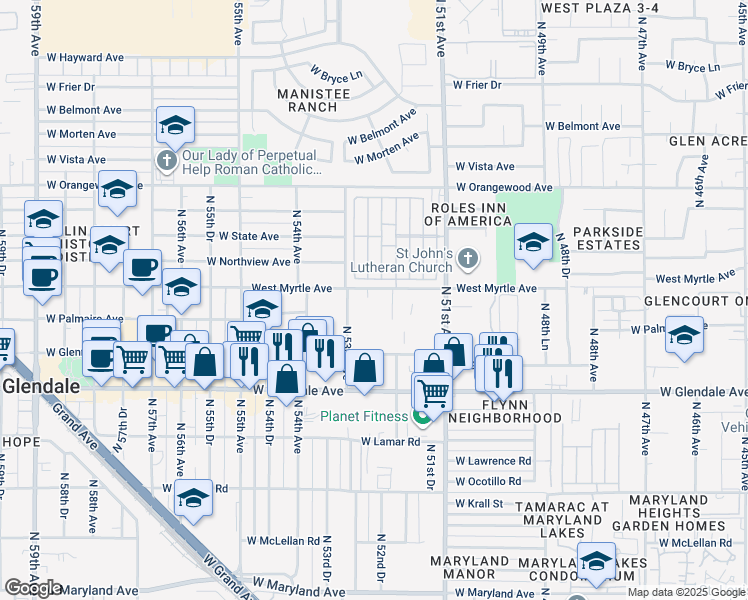 map of restaurants, bars, coffee shops, grocery stores, and more near 5223 West Myrtle Avenue in Glendale