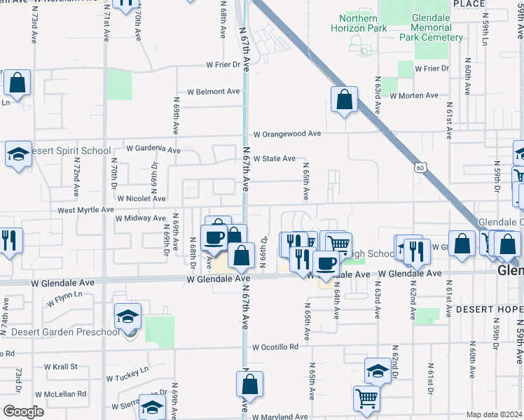 map of restaurants, bars, coffee shops, grocery stores, and more near 7143 North 66th Drive in Glendale