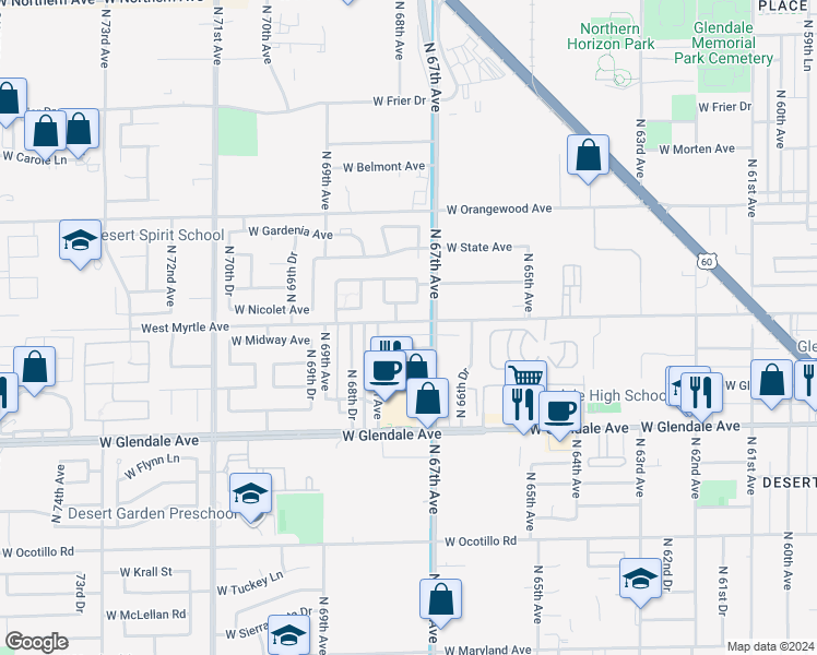map of restaurants, bars, coffee shops, grocery stores, and more near 6731 West Myrtle Avenue in Glendale