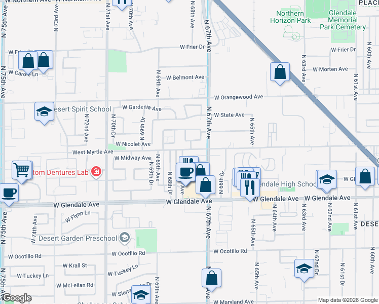 map of restaurants, bars, coffee shops, grocery stores, and more near 6731 West Myrtle Avenue in Glendale