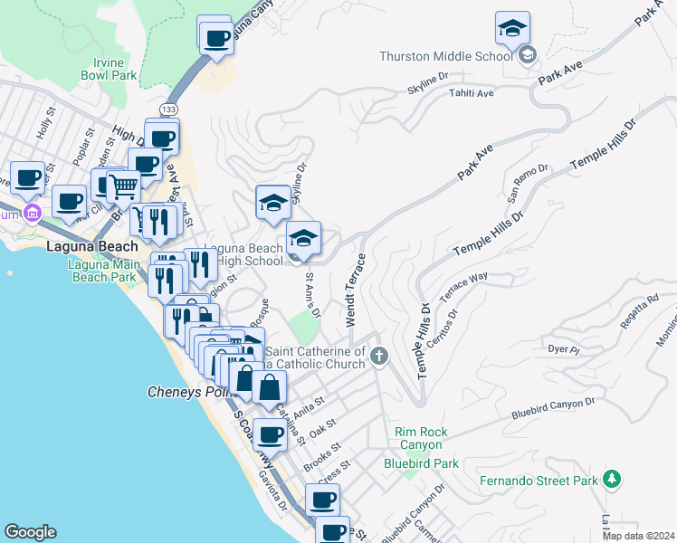 map of restaurants, bars, coffee shops, grocery stores, and more near 646 Griffith Way in Laguna Beach