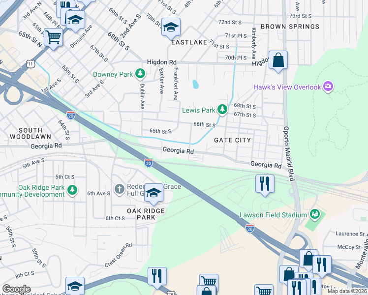 map of restaurants, bars, coffee shops, grocery stores, and more near 7200 Georgia Road in Birmingham