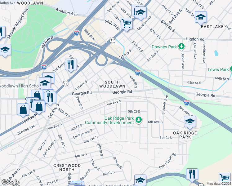 map of restaurants, bars, coffee shops, grocery stores, and more near 6119 Georgia Road in Birmingham