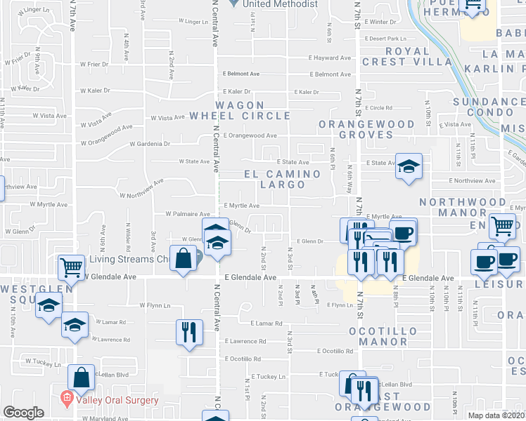 map of restaurants, bars, coffee shops, grocery stores, and more near 109 East Myrtle Avenue in Phoenix