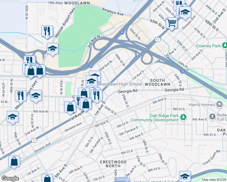 map of restaurants, bars, coffee shops, grocery stores, and more near 5720 1st Avenue South in Birmingham