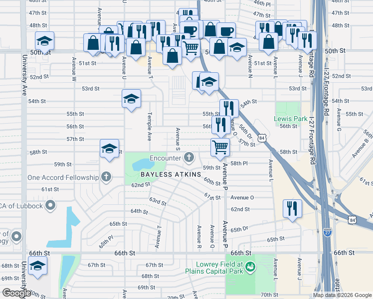 map of restaurants, bars, coffee shops, grocery stores, and more near 2005 58th Street in Lubbock