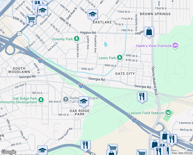 map of restaurants, bars, coffee shops, grocery stores, and more near 7200 Georgia Road in Birmingham