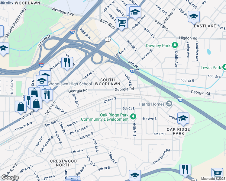 map of restaurants, bars, coffee shops, grocery stores, and more near 6119 Georgia Road in Birmingham