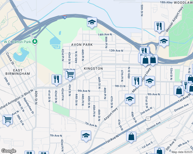 map of restaurants, bars, coffee shops, grocery stores, and more near 4527 9th Terrace North in Birmingham