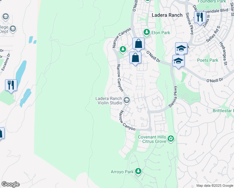 map of restaurants, bars, coffee shops, grocery stores, and more near 12 Gardenia Street in Ladera Ranch
