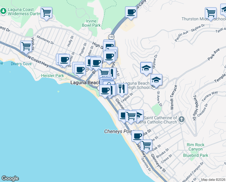 map of restaurants, bars, coffee shops, grocery stores, and more near 450 Glenneyre Street in Laguna Beach