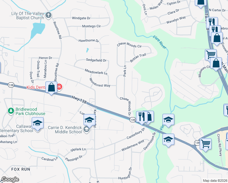 map of restaurants, bars, coffee shops, grocery stores, and more near 7803 Chase Woods Drive in Jonesboro