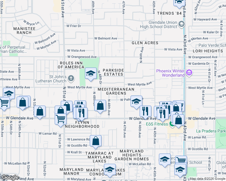map of restaurants, bars, coffee shops, grocery stores, and more near 7149 North Vía Don Juan in Glendale