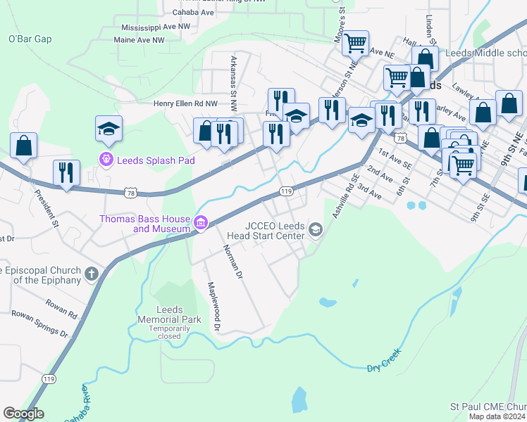 map of restaurants, bars, coffee shops, grocery stores, and more near 1317 Pamela Street in Leeds