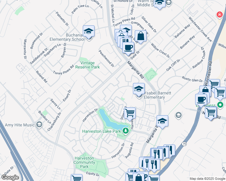 map of restaurants, bars, coffee shops, grocery stores, and more near 39894 Camden Court in Temecula