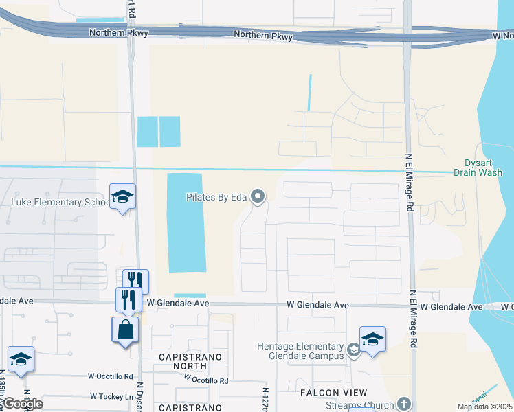 map of restaurants, bars, coffee shops, grocery stores, and more near 7429 North 128th Avenue in Glendale