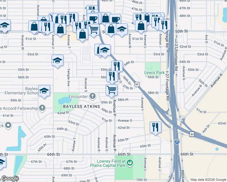 map of restaurants, bars, coffee shops, grocery stores, and more near 1602 58th Street in Lubbock