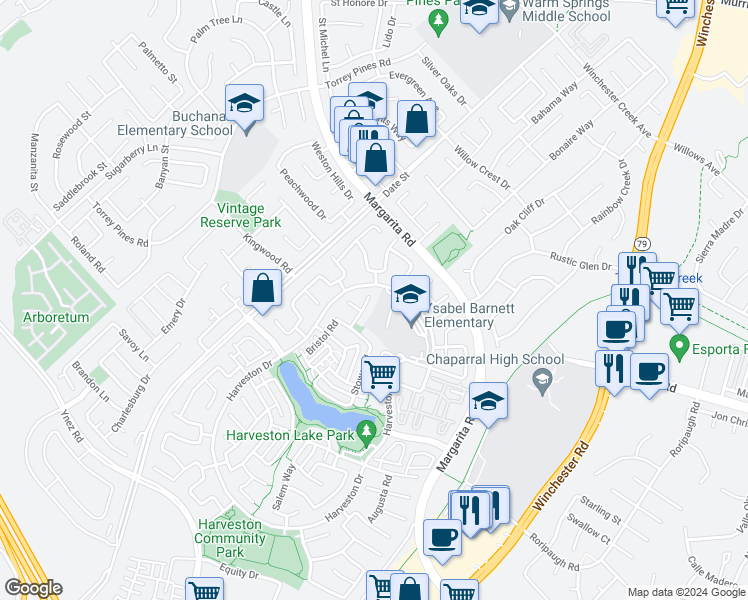 map of restaurants, bars, coffee shops, grocery stores, and more near 39886 Worthington Place in Temecula