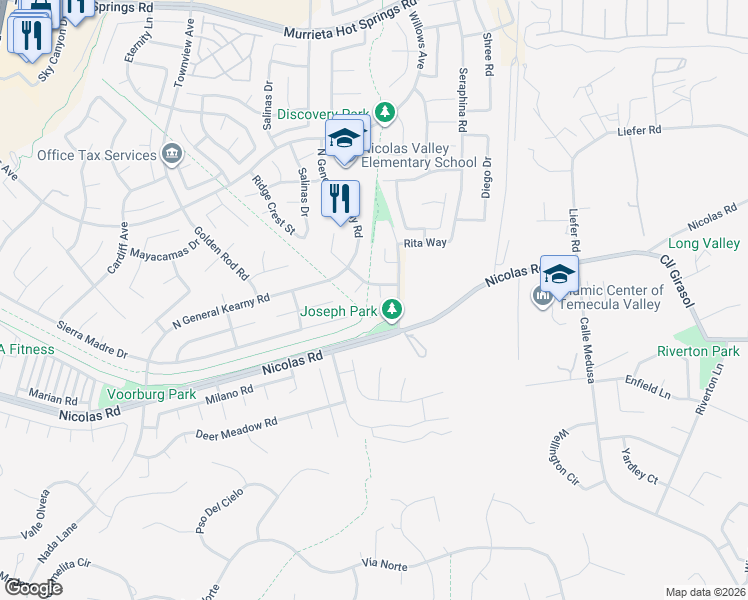 map of restaurants, bars, coffee shops, grocery stores, and more near 39883 South Creek Circle in Murrieta